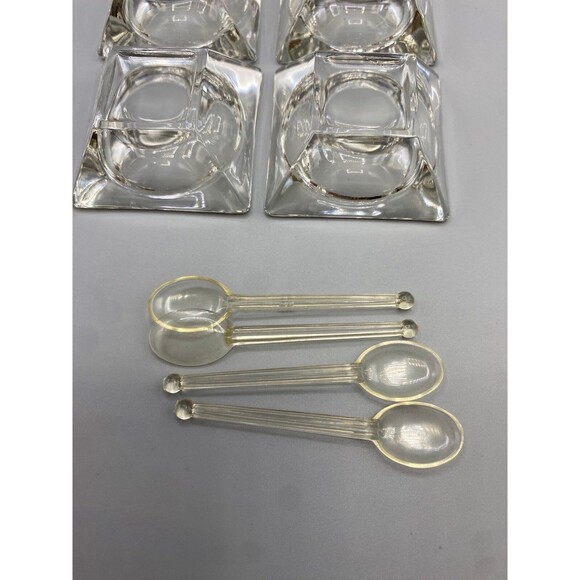 VINTAGE 2" GLASS SQUARE OPEN SALT CELLARS W/PLASTIC SPOONS - Picture 6 of 9